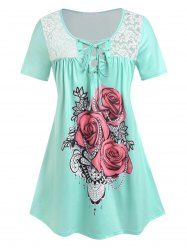 Plus Size Rose Print Lace Up Tee -  