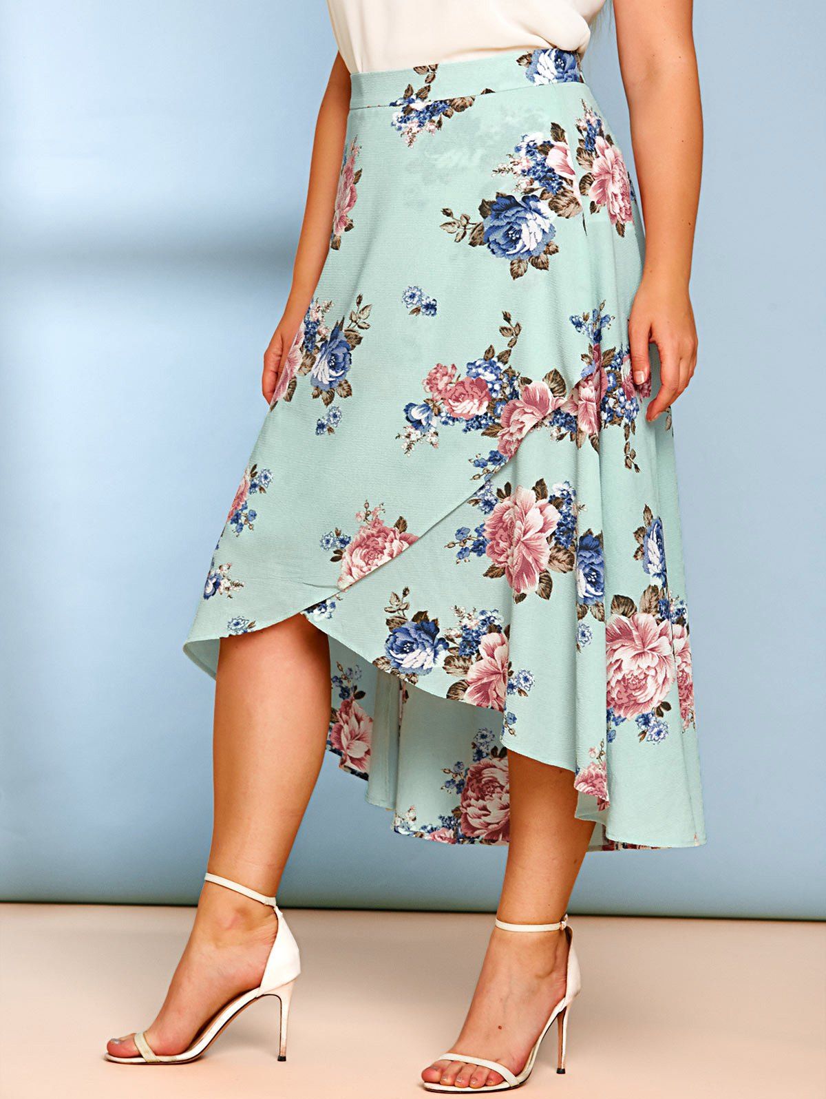 Chic Plus Size Floral Print Surplice Dip Hem Maxi Skirt  