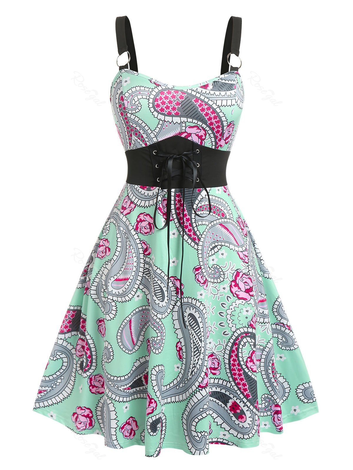 Shops Plus Size Lace Up Paisley Print Fit and Flare 1950s Dress  