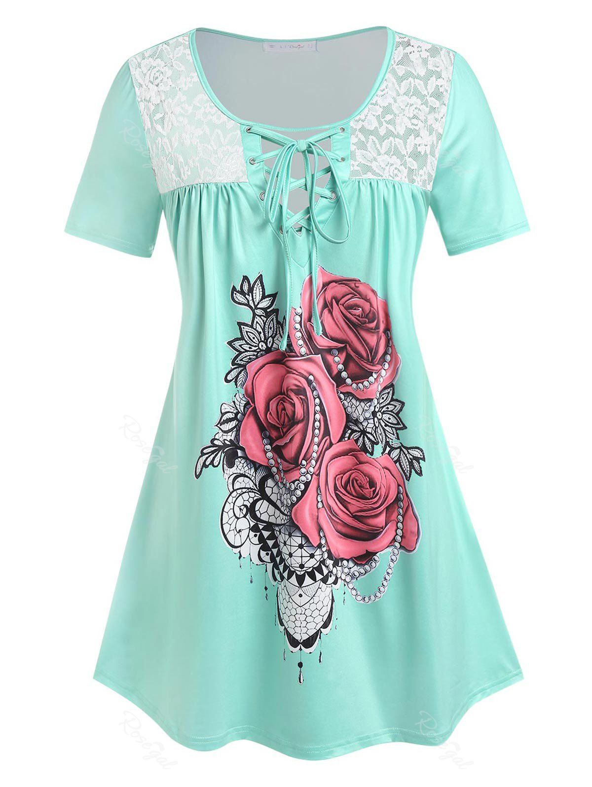 Store Plus Size Rose Print Lace Up Tee  
