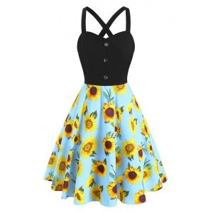 

Sunflower Print Mock Button Criss Cross Dress, Light blue