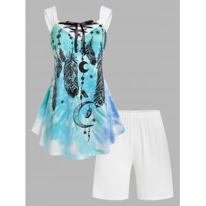 

Plus Size Lace Up Dreamcatcher Print Shorts Pajamas Set, Light blue