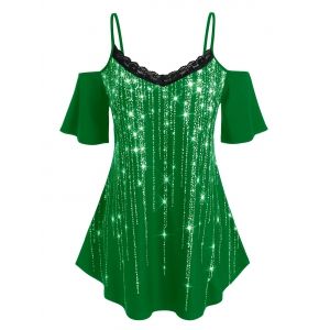 

Plus Size Sparkling Fringe Printed Lace T Shirt, Deep green