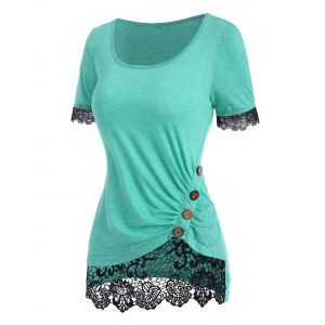 

Two Tone Guipure Insert Mock Button T Shirt, Light green