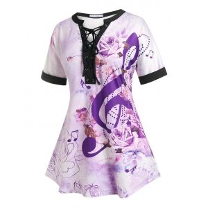 

Plus Size Flower Lace-up Musical Notes Cuffed Sleeve Tee, Multi