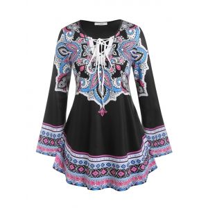 

Plus Size Bell Sleeve Lace Up Retro Print Tee, Black