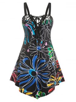 Plus Size & Curve Lace Up Floral Print Irregular Midi Dress - BLACK - L