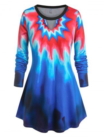 Plus Size Tie Dye Keyhole Tee - BLUE - 1X