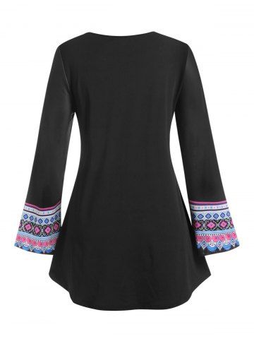 Plus Size Tops for Women Retro Printed Blouses Tees Long Flare Sleeve T  Shirts Casual Lace Keyhole Pullover Tunic Tops 3X-Large Black