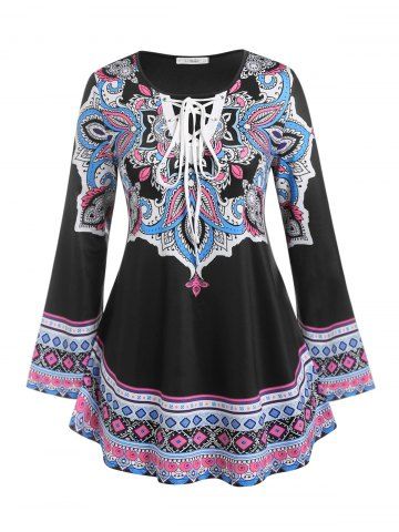 Plus Size Bell Sleeve Lace Up Retro Print Tee - BLACK - 1X