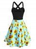 Sunflower Print Mock Button Criss Cross Dress -  