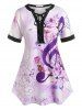Plus Size Flower Lace-up Musical Notes Cuffed Sleeve Tunic Top -  