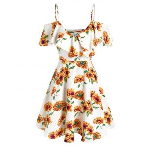 

Floral Printed Cold Shoulder Flounce Sundress, White