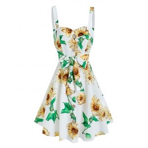 

Sleeveless Sunflower Print Mock Button Belted Dress, White