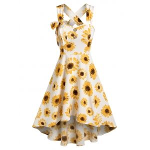 

Flower Print Sleeveless Bowknot High Low Dress, Light yellow