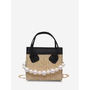 

Faux Pearl Chain Square Handbag, Black