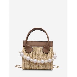 

Faux Pearl Chain Square Handbag, Light khaki