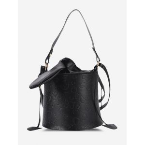 

Embossed Drawstring Tied Bucket Bag, Black
