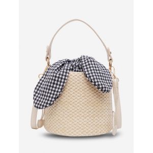 

Gingham Tie Woven Bucket Bag, Beige