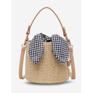 

Gingham Tie Woven Bucket Bag, Light khaki