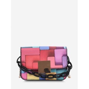 

Colorblock Patchwork Print Chain Crossbody Bag, Black