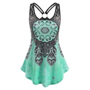 

Printed Ring Lace Panel Tank Top, Green