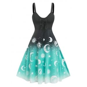 

Lace Up Ombre Sun And Moon Print Dress, Black