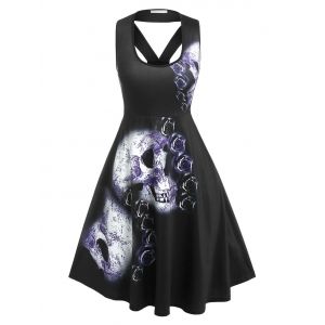 

Plus Size Gothic Skull Rose Print Cutout Dress, Black