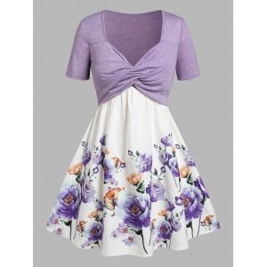 

Plus Size Front Twist Floral Print Fit and Flare Dress, Purple