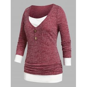 

Plus Size Ruched Faux Twinset Ribbed Tee, Deep red