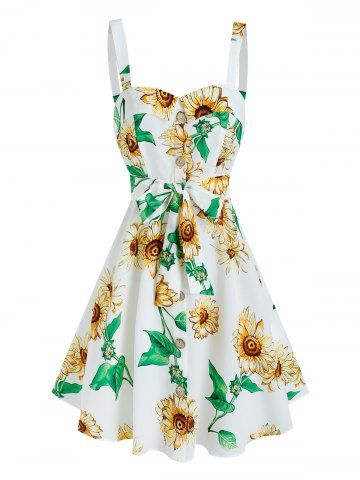 Sleeveless Sunflower Print Mock Button Belted Dress - WHITE - XXXL