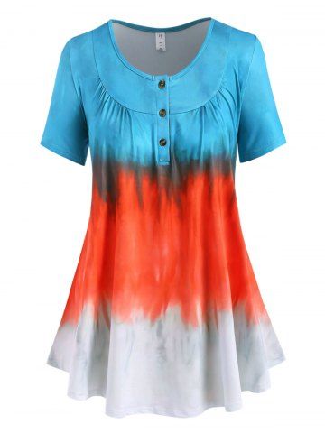 Plus Size Ombre Tie Dye Placket Ruched Tunic Tee - BLUE - L