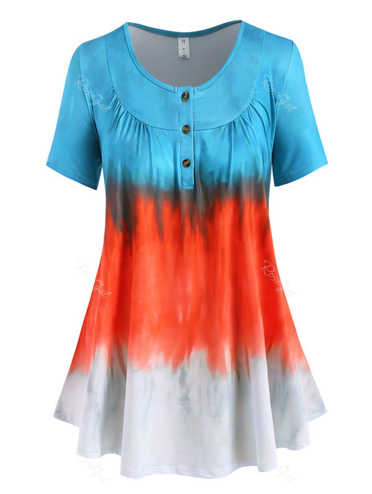 Best Plus Size Ombre Tie Dye Placket Ruched Tunic Tee  