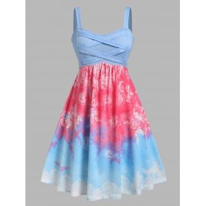

Plus Size Tie Dye Flower A Line Criss Cross Dress, Light blue
