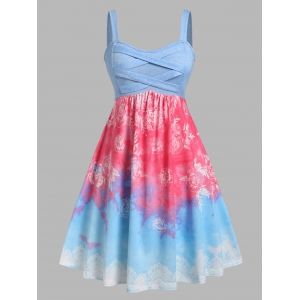 

Plus Size Tie Dye Flower A Line Criss Cross Dress, Light blue