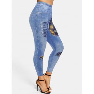 

Sun Moon Star Ripped 3D Print Skinny Jeggings, Light blue