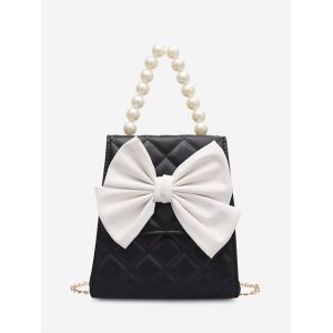 

Quilted Bowknot Faux Pearl Handle Crossbody Bag, Black