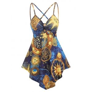 

Sun Moon Star Print Criss-cross Tank Top, Light blue