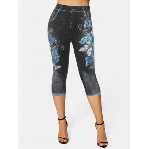 

Skinny 3D Butterflies Print Capri Jeggings, Black