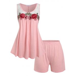 

Plus Size Flower Embroidered Lace Panel PJ Shorts Set, Light pink