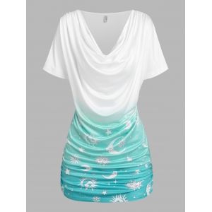 

Sun Moon Star Print Ruched Ombre T-shirt, Light blue
