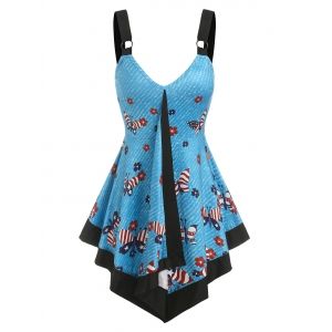 

American Flag Butterfly Flowers Print Flare Tank Top, Light blue