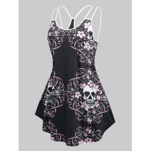 

Plus Size Skull Flower Cutout Dual Strap Tunic Tank Top, Black