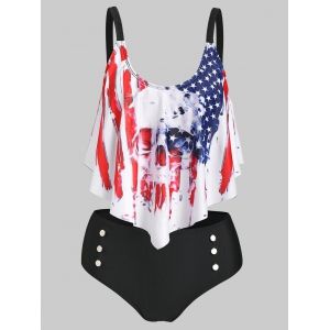 

American Flag Skull Print Mock Button Padded Tankini Set, Black