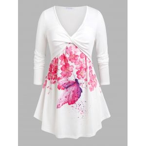 

Plus Size Floral Butterfly Print Front Twist Tee, White