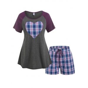 

Plus Size Raglan Sleeve Heart Pattern Tee and Plaid Shorts Pajamas Set, Multi