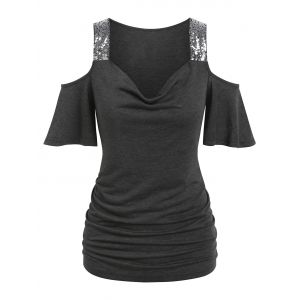 

Cold Shoulder Sequin Panel Ruched T-shirt, Gray