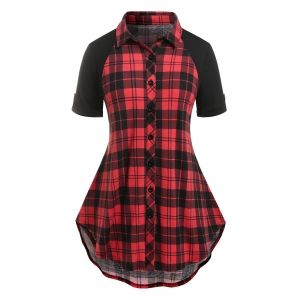 

Plus Size Plaid Curved Hem Rolled Sleeve Tunic Blouse, Multi