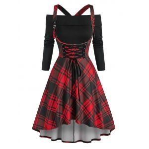 

Off The Shoulder Tee and Lace Up Plaid Crisscross Suspender Dress Set, Black