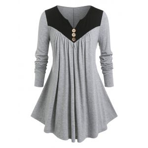 

Plus Size Two Tone Notched Pleated T Shirt, Light gray